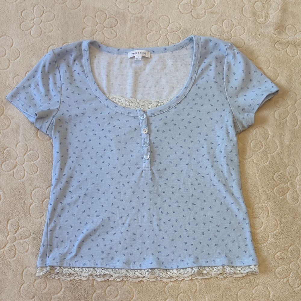 Forever 21 Light Blue Lace Trim Tee